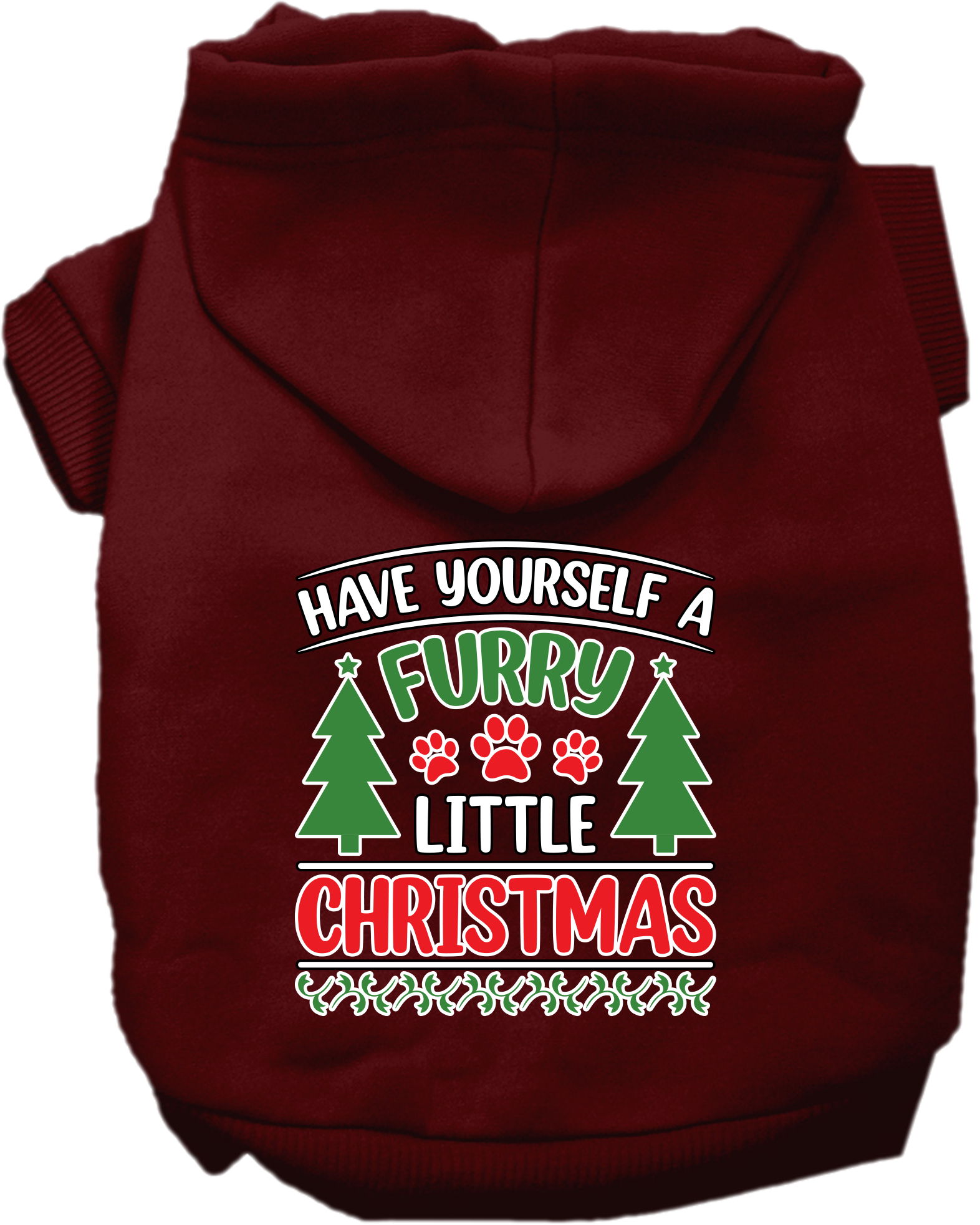 Furry Little Christmas Screen Print Dog Hoodie Maroon Size XS